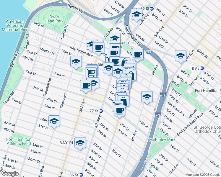 map of restaurants, bars, coffee shops, grocery stores, and more near 429 73rd Street in Brooklyn