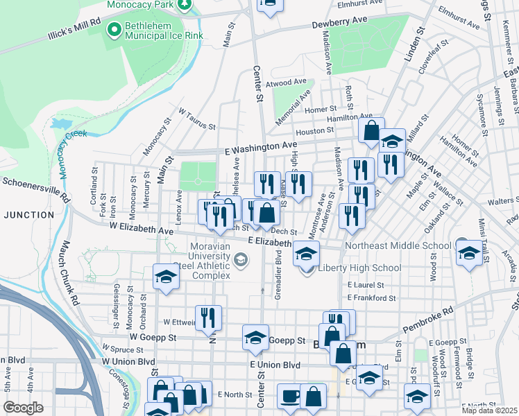 map of restaurants, bars, coffee shops, grocery stores, and more near 1342 Center Street in Bethlehem