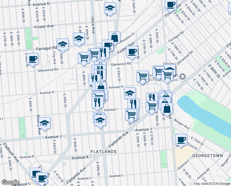 map of restaurants, bars, coffee shops, grocery stores, and more near 1147 East 52nd Street in Brooklyn