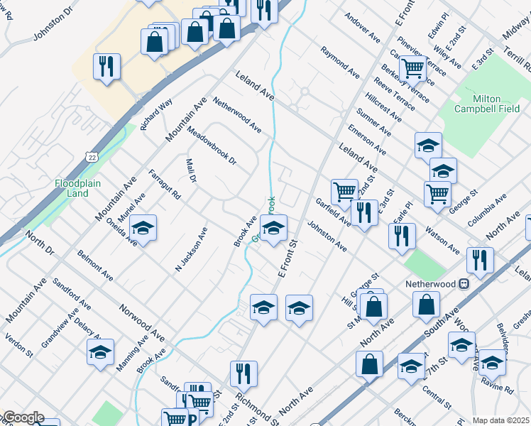 map of restaurants, bars, coffee shops, grocery stores, and more near 400 Brook Ave in North Plainfield