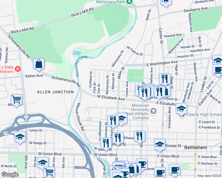 map of restaurants, bars, coffee shops, grocery stores, and more near 119 West Greenwich Street in Bethlehem