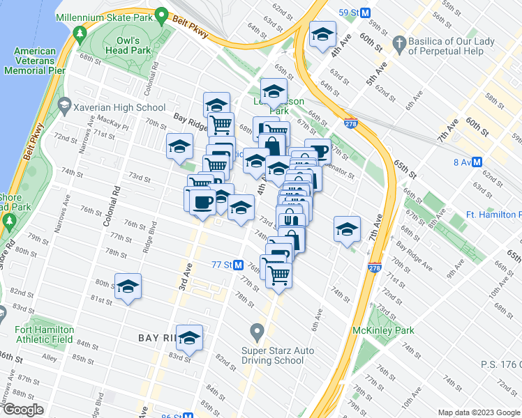map of restaurants, bars, coffee shops, grocery stores, and more near 7201 4th Avenue in Brooklyn