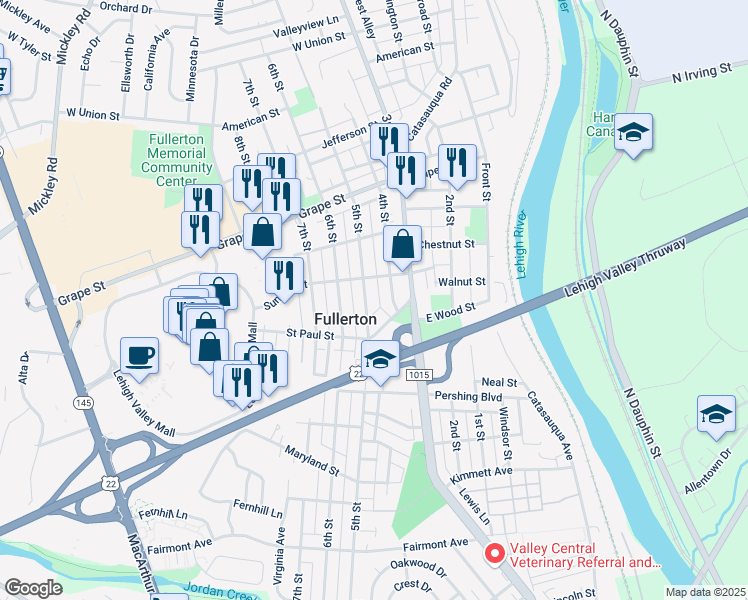 map of restaurants, bars, coffee shops, grocery stores, and more near in Fullerton