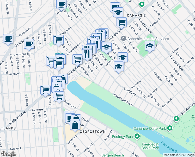map of restaurants, bars, coffee shops, grocery stores, and more near 9 Paerdegat 2nd Street in Brooklyn