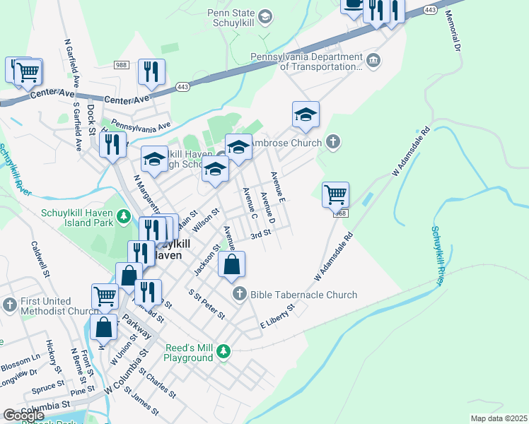map of restaurants, bars, coffee shops, grocery stores, and more near 109 Avenue C in Schuylkill Haven