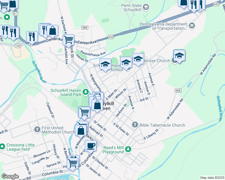 map of restaurants, bars, coffee shops, grocery stores, and more near 413 East Main Street in Schuylkill Haven