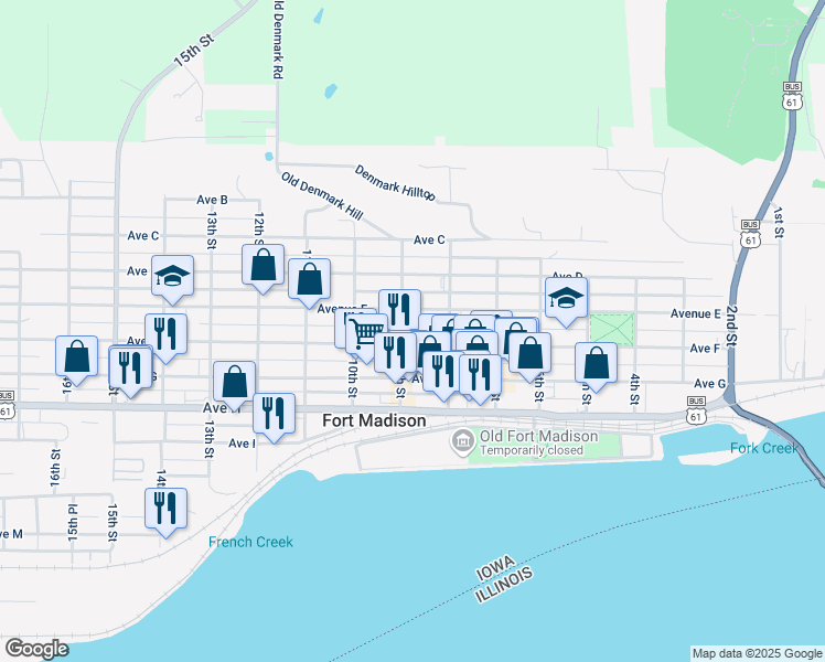 map of restaurants, bars, coffee shops, grocery stores, and more near 818 Avenue F in Fort Madison