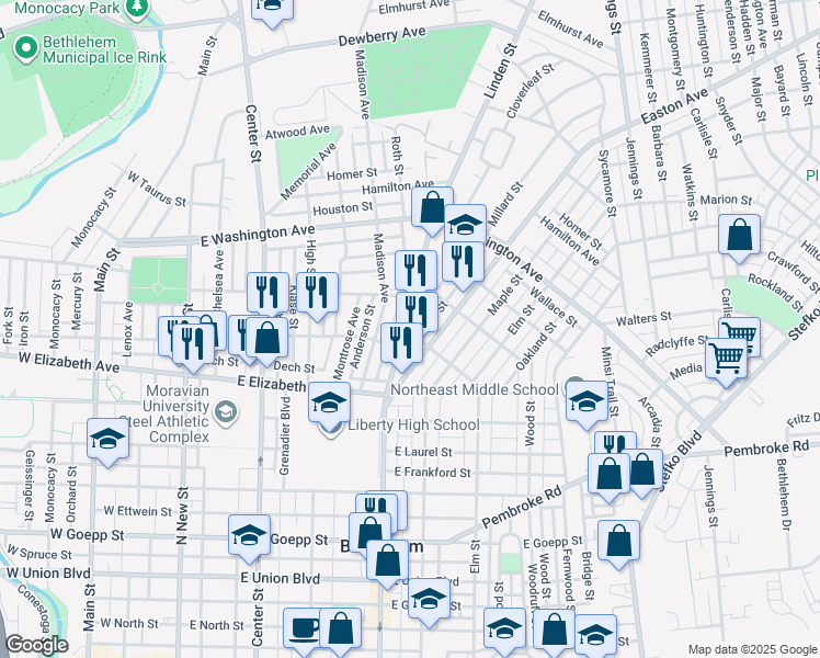 map of restaurants, bars, coffee shops, grocery stores, and more near 1402 Linden Street in Bethlehem