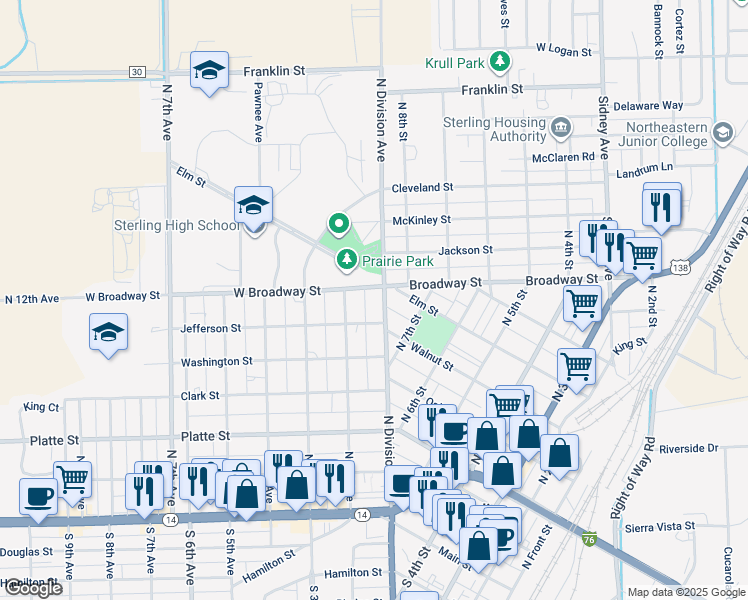 map of restaurants, bars, coffee shops, grocery stores, and more near 603 North Division Avenue in Sterling