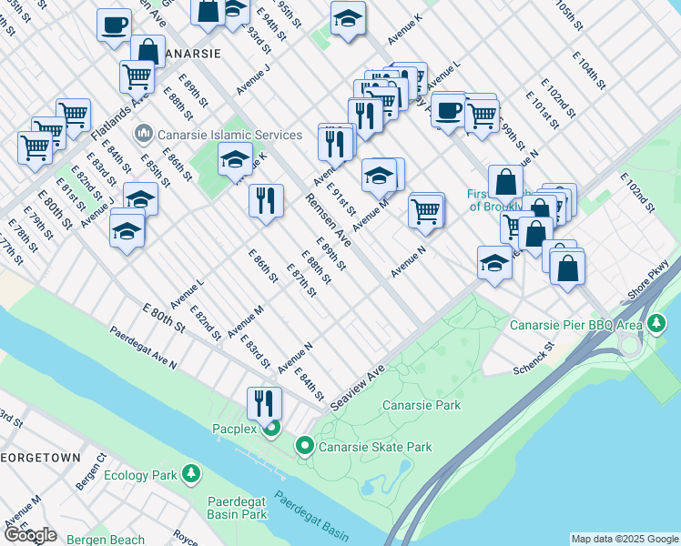 map of restaurants, bars, coffee shops, grocery stores, and more near 1345 East 88th Street in Brooklyn