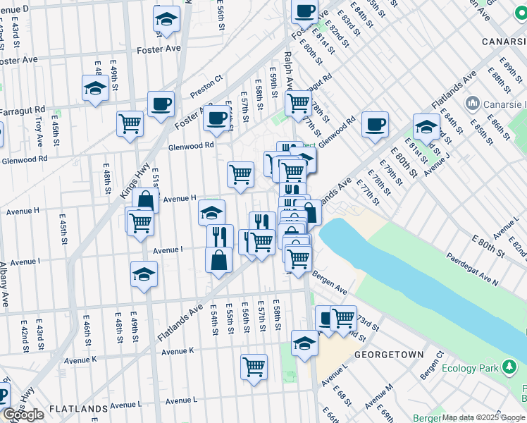 map of restaurants, bars, coffee shops, grocery stores, and more near 854 East 57th Street in Brooklyn