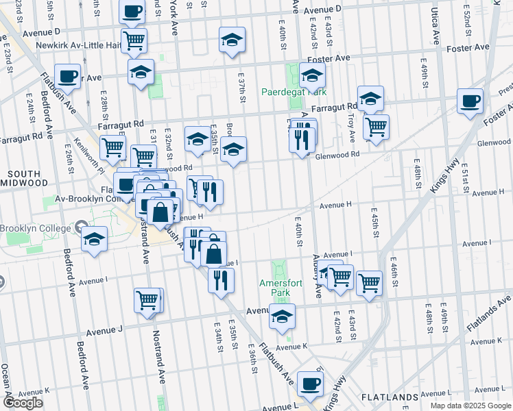 map of restaurants, bars, coffee shops, grocery stores, and more near 3620 Avenue H in Brooklyn