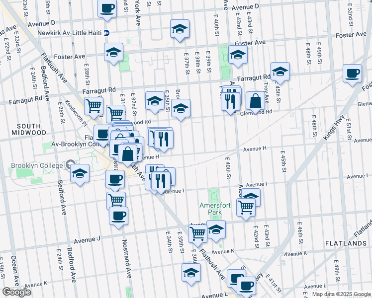 map of restaurants, bars, coffee shops, grocery stores, and more near 3620 Avenue H in Brooklyn