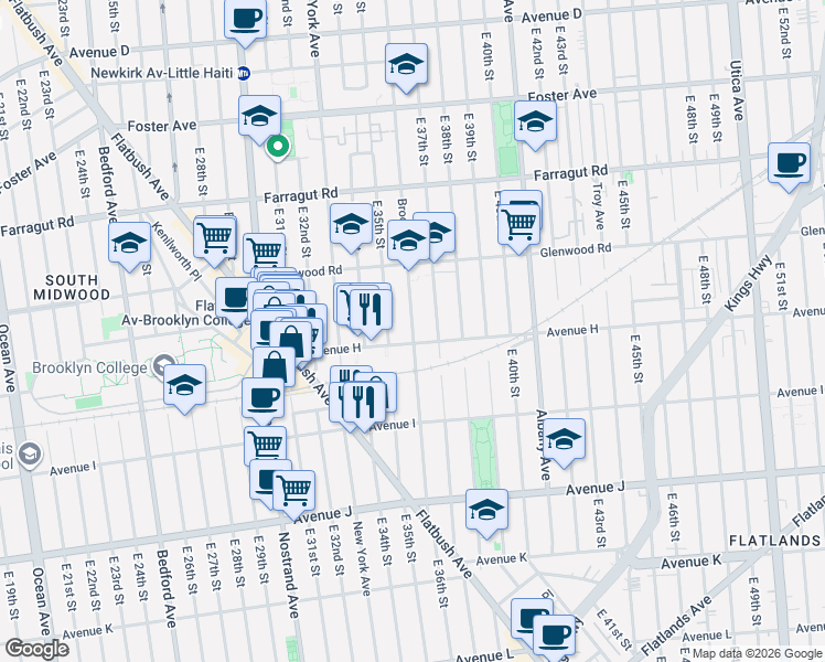 map of restaurants, bars, coffee shops, grocery stores, and more near 3501 Avenue H in Brooklyn