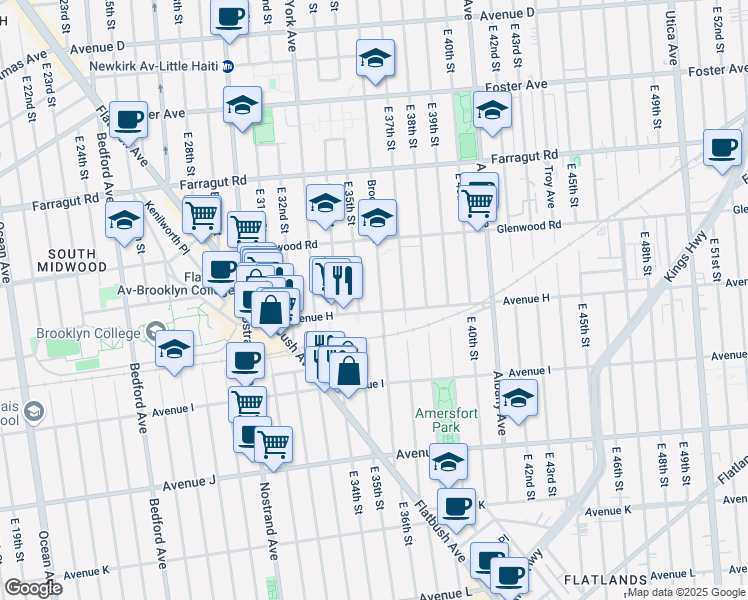 map of restaurants, bars, coffee shops, grocery stores, and more near 3501 Avenue H in Brooklyn
