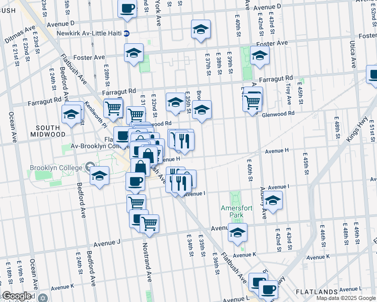 map of restaurants, bars, coffee shops, grocery stores, and more near 3501 Avenue H in Brooklyn