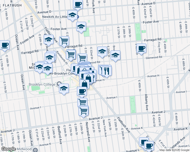 map of restaurants, bars, coffee shops, grocery stores, and more near 793 East 32nd Street in Brooklyn
