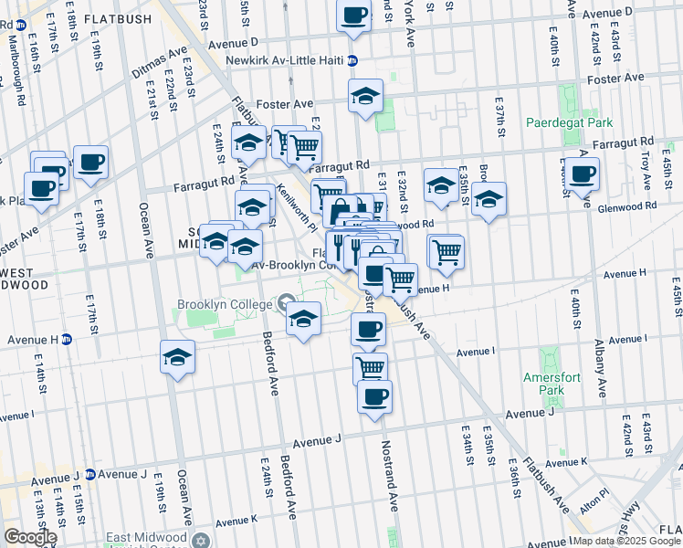 map of restaurants, bars, coffee shops, grocery stores, and more near 2901 Campus Road in Brooklyn