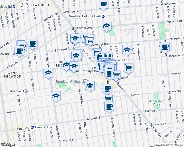 map of restaurants, bars, coffee shops, grocery stores, and more near 2705-2800 Campus Road in Brooklyn