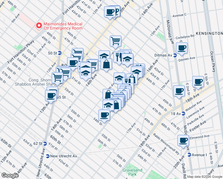 map of restaurants, bars, coffee shops, grocery stores, and more near 1500 49th Street in Brooklyn