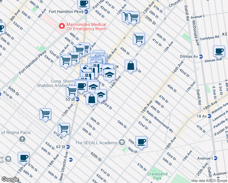 map of restaurants, bars, coffee shops, grocery stores, and more near 1424 51st Street in Brooklyn