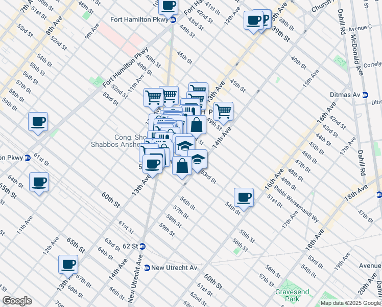 map of restaurants, bars, coffee shops, grocery stores, and more near 1346 53rd Street in Brooklyn