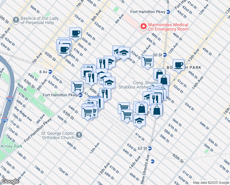 map of restaurants, bars, coffee shops, grocery stores, and more near 1136 58th Street in Brooklyn