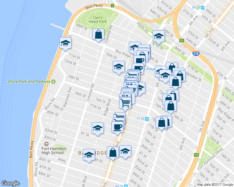 map of restaurants, bars, coffee shops, grocery stores, and more near 223 Bay Ridge Parkway in Brooklyn