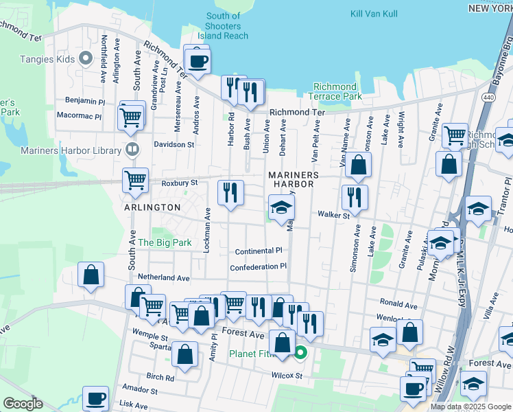 map of restaurants, bars, coffee shops, grocery stores, and more near 16 Journeay Street in Staten Island
