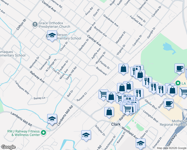 map of restaurants, bars, coffee shops, grocery stores, and more near 74 Summit Court in Westfield
