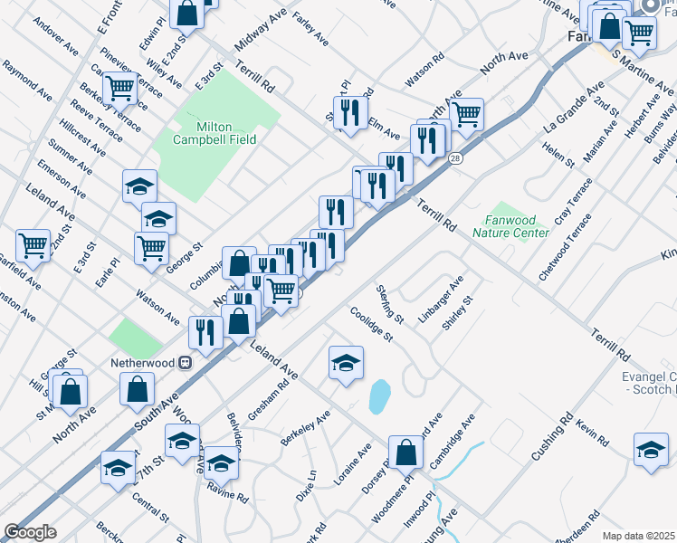 map of restaurants, bars, coffee shops, grocery stores, and more near 1339-41 East 7th Street in Plainfield
