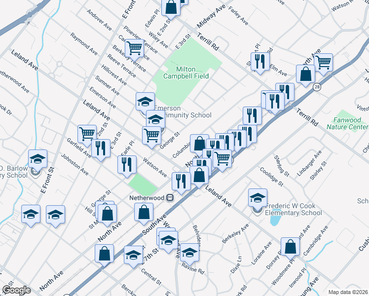 map of restaurants, bars, coffee shops, grocery stores, and more near 1227 North Avenue in Plainfield