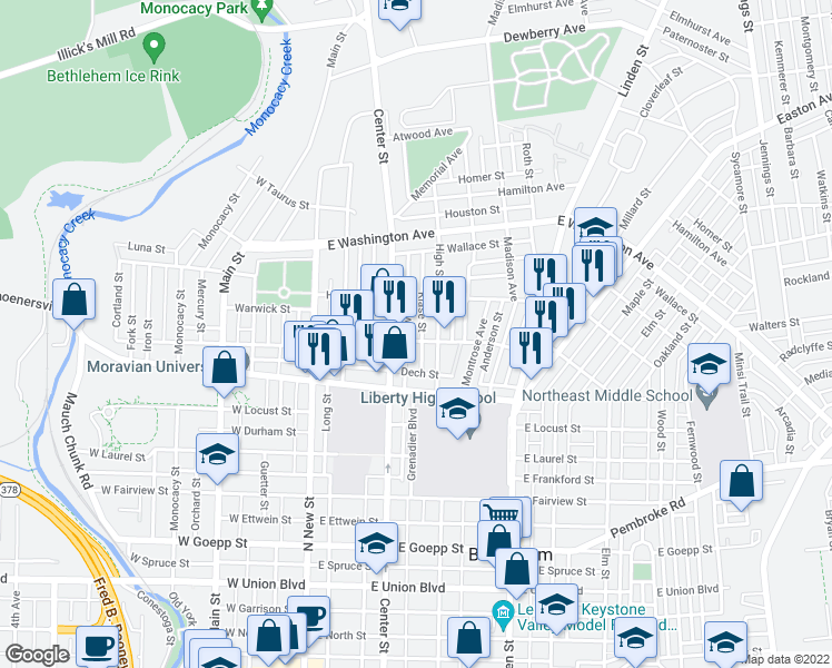 map of restaurants, bars, coffee shops, grocery stores, and more near 1345 High Street in Bethlehem