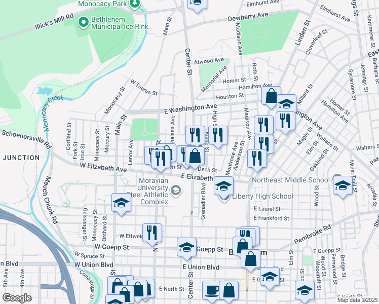 map of restaurants, bars, coffee shops, grocery stores, and more near 1342 Center Street in Bethlehem