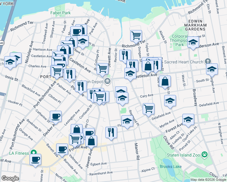 map of restaurants, bars, coffee shops, grocery stores, and more near 280 Rector Street in Staten Island