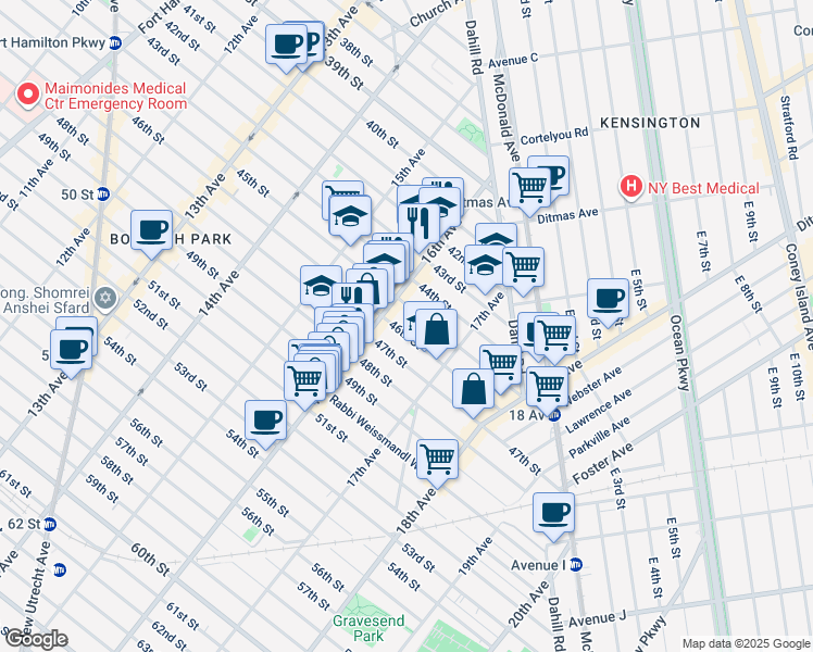 map of restaurants, bars, coffee shops, grocery stores, and more near 1638 46th Street in Brooklyn