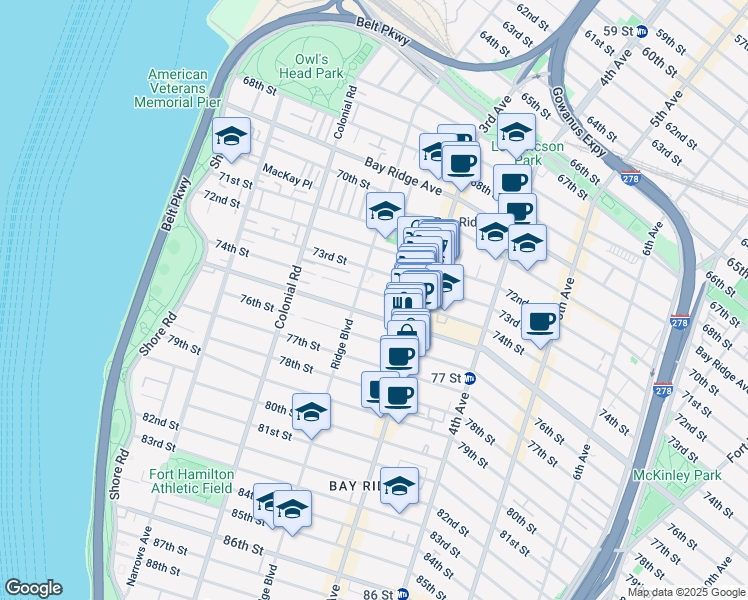 map of restaurants, bars, coffee shops, grocery stores, and more near 223 Bay Ridge Parkway in Brooklyn