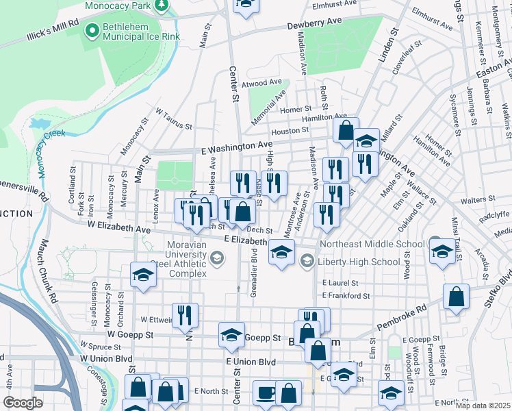 map of restaurants, bars, coffee shops, grocery stores, and more near 1345 High Street in Bethlehem