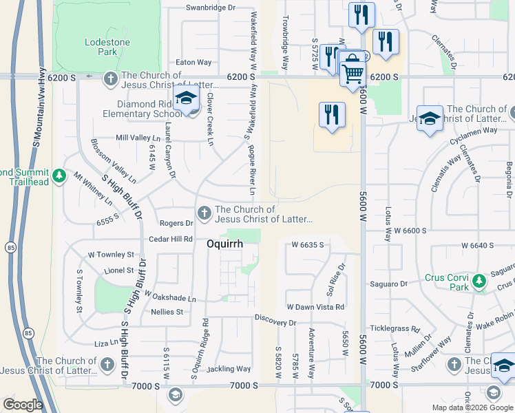 map of restaurants, bars, coffee shops, grocery stores, and more near 6553 River Rock Place in West Valley City