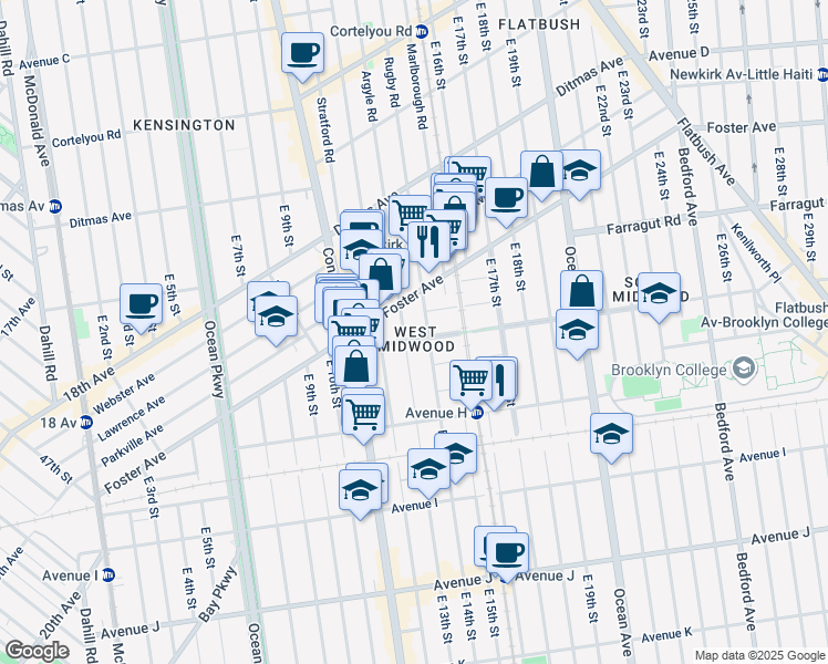 map of restaurants, bars, coffee shops, grocery stores, and more near 701 Rugby Road in Brooklyn