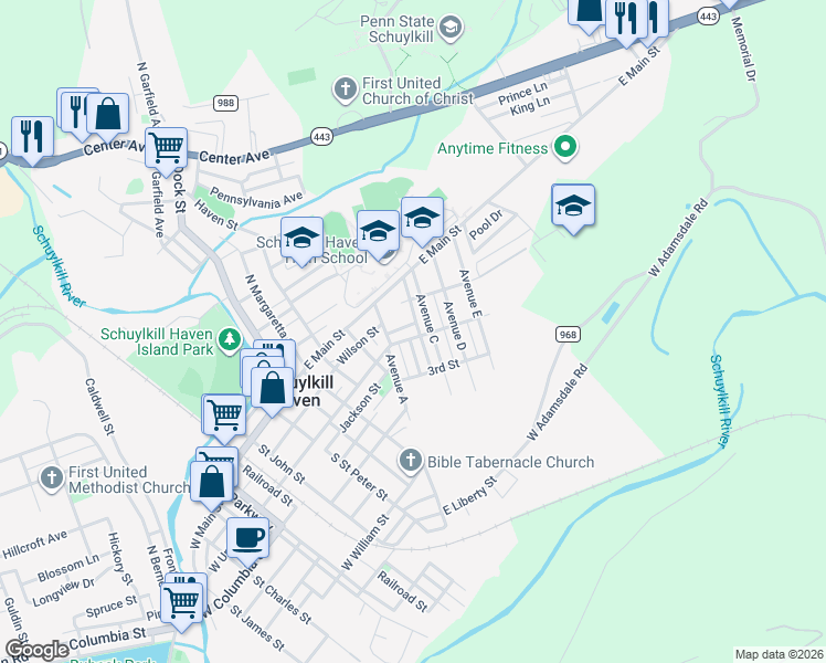 map of restaurants, bars, coffee shops, grocery stores, and more near 102 Avenue B in Schuylkill Haven