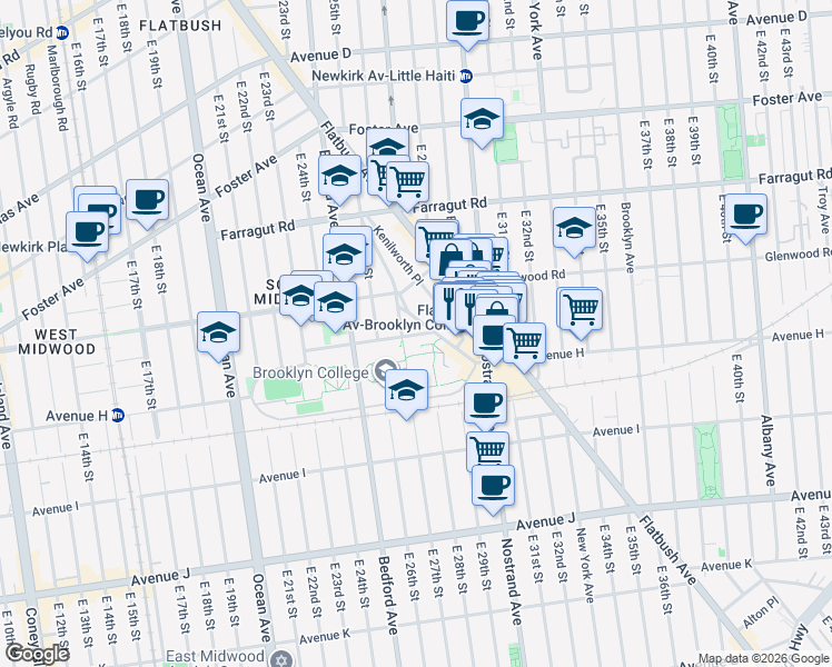 map of restaurants, bars, coffee shops, grocery stores, and more near 2710 Campus Road in Brooklyn