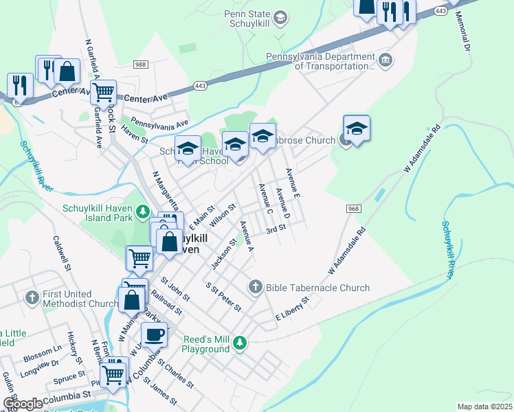 map of restaurants, bars, coffee shops, grocery stores, and more near 624 Leonard Street in Schuylkill Haven