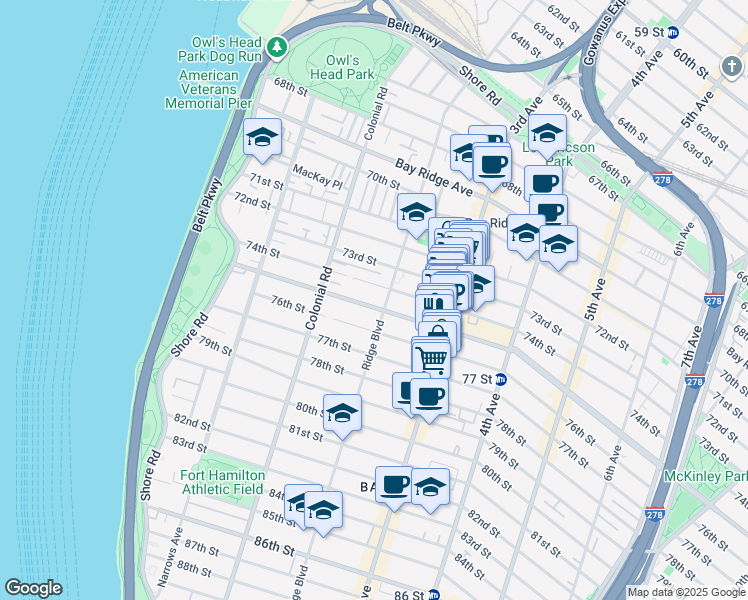 map of restaurants, bars, coffee shops, grocery stores, and more near 168 Bay Ridge Parkway in Brooklyn