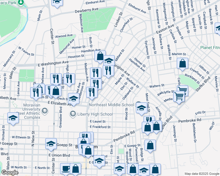 map of restaurants, bars, coffee shops, grocery stores, and more near 420 Woodlawn Avenue in Bethlehem