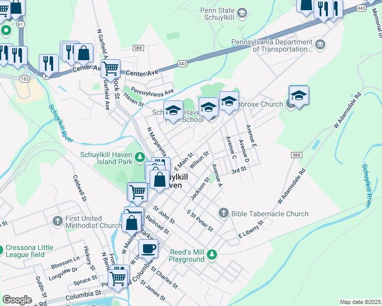 map of restaurants, bars, coffee shops, grocery stores, and more near 425 East Main Street in Schuylkill Haven
