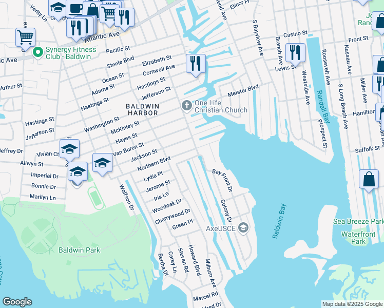 map of restaurants, bars, coffee shops, grocery stores, and more near 3254 Parkway Drive in Baldwin