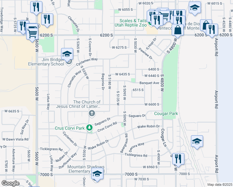 map of restaurants, bars, coffee shops, grocery stores, and more near 6542 South 5135 West in West Jordan