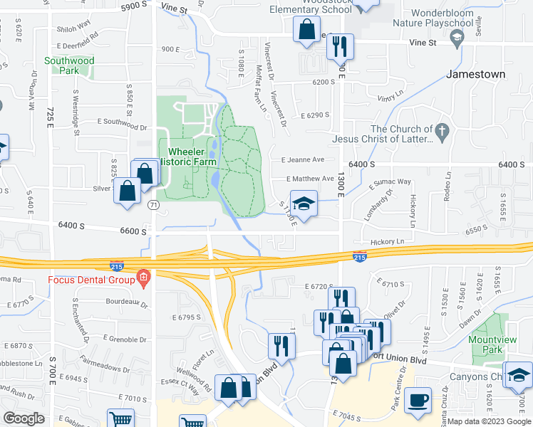 map of restaurants, bars, coffee shops, grocery stores, and more near 1075 6600 South in Salt Lake City