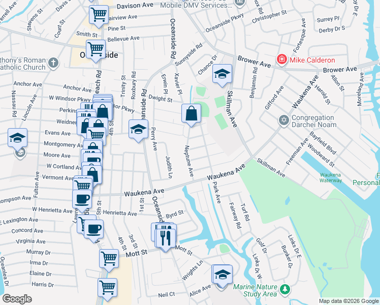 map of restaurants, bars, coffee shops, grocery stores, and more near 258 Center Street in Oceanside